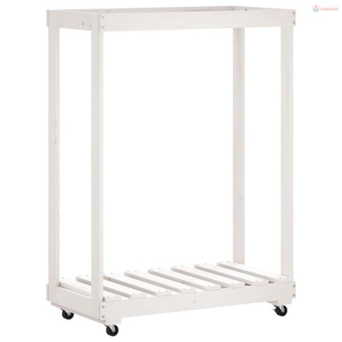Fehér tömör fenyőfa rönktároló kerekekkel 76,5 x 40 x 108 cm