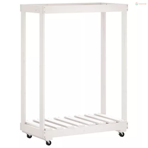 Fehér tömör fenyőfa rönktároló kerekekkel 76,5 x 40 x 108 cm