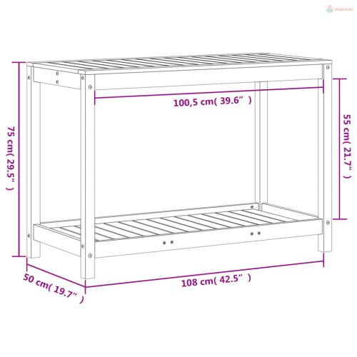 Tömör fenyőfa ültetőasztal polccal 108x50x75 cm