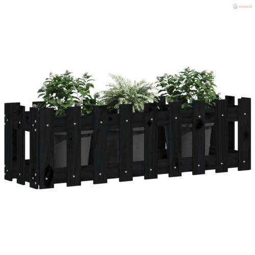 Fekete tömör fenyőfa kerti magaságyás kerítéssel 100x30x30 cm