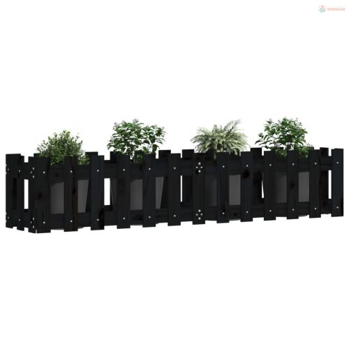 Fekete tömör fenyőfa kerti magaságyás kerítéssel 150x30x30 cm
