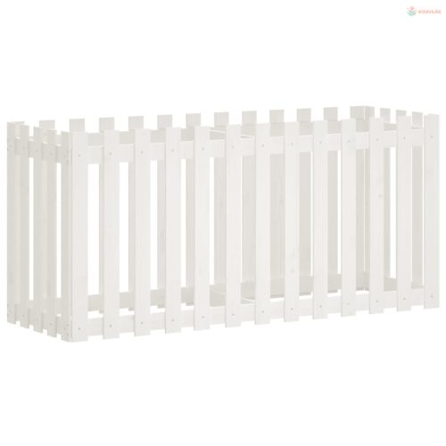 Fehér tömör fenyőfa kerti magaságyás kerítéssel 150x50x70 cm