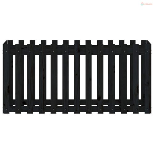 Fekete tömör fenyőfa kerti magaságyás kerítéssel 150x50x70 cm