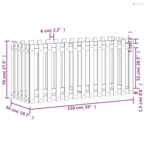 Fekete tömör fenyőfa kerti magaságyás kerítéssel 150x50x70 cm