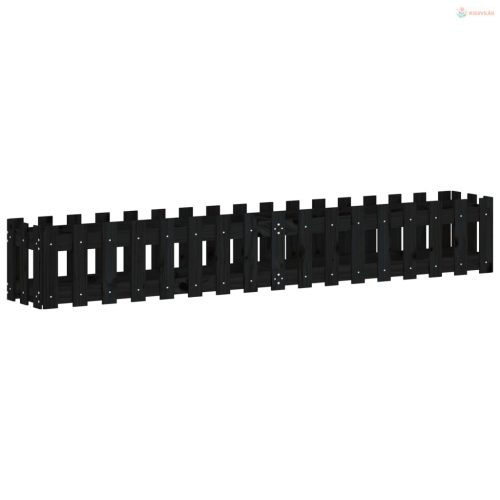 Fekete tömör fenyőfa kerti magaságyás kerítéssel 200x30x30 cm