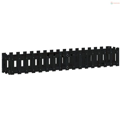 Fekete tömör fenyőfa kerti magaságyás kerítéssel 200x30x30 cm