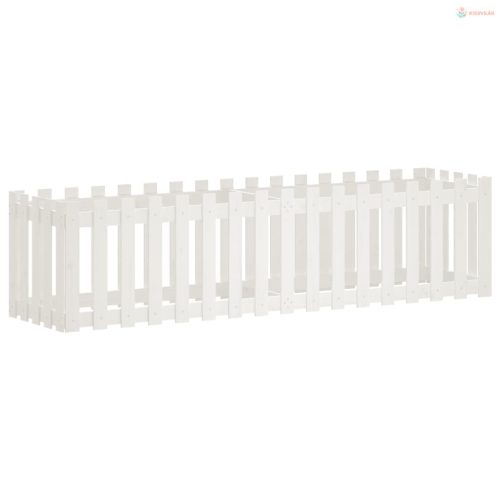 Fehér tömör fenyőfa kerti magaságyás kerítéssel 200x50x50 cm