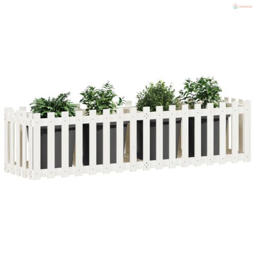 Fehér tömör fenyőfa kerti magaságyás kerítéssel 200x50x50 cm