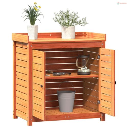 Barna tömör fenyőfa ültetőasztal polcokkal 82,5 x 50 x 86,5 cm