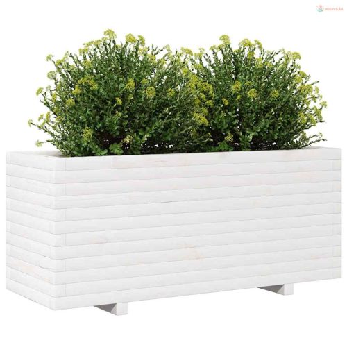 Fehér tömör fenyőfa kerti virágtartó 110 x 40 x 49,5 cm