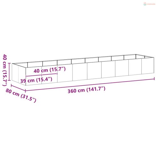 Növénytartó 360x80x40 cm rozsdamentes acél