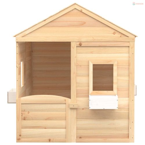 Tömör fenyőfa játszóház zárható ajtóval és virágcserepekkel