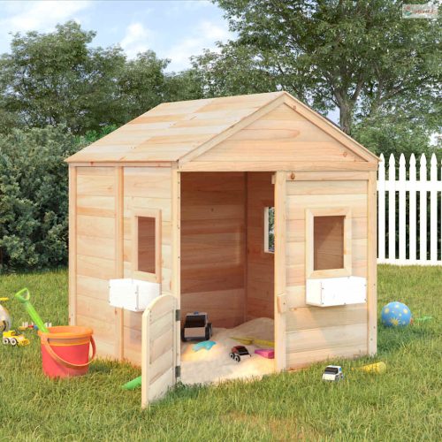 Tömör fenyőfa játszóház zárható ajtóval és virágcserepekkel
