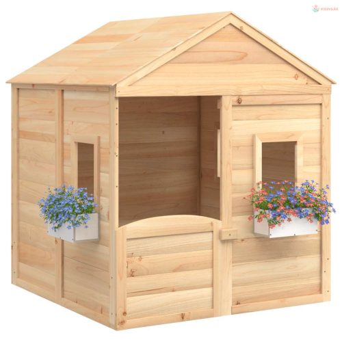 Tömör fenyőfa játszóház zárható ajtóval és virágcserepekkel