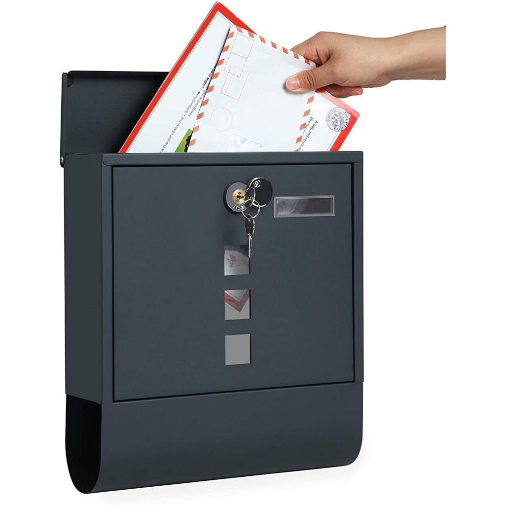 Antracitszürke postaláda névtáblával és újságtartóval