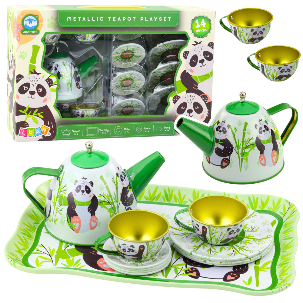 Tea Set Metal Jug Cup Plates Panda Green 14 pcs
