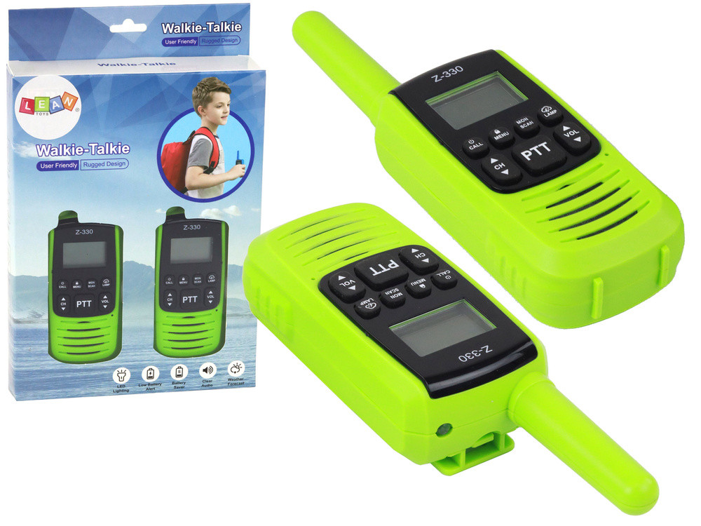 Zöld walkie-talkie pár zseblámpával, akár 3 km hatótávval