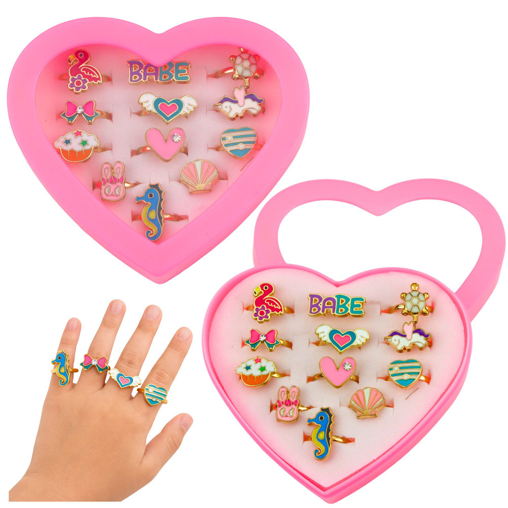 Set of Children's Rings Adjustable Metal Various Heart Patterns 12 pcs.