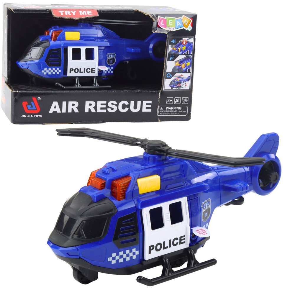 Kék rendőrségi helikopter csörlővel, fénnyel és hanggal