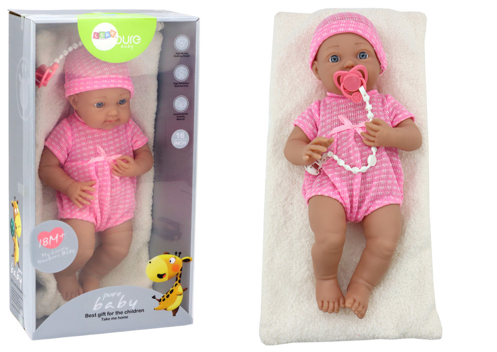 Csecsemőbaba rózsaszín ruhában, cumival és takaróval – 39 cm