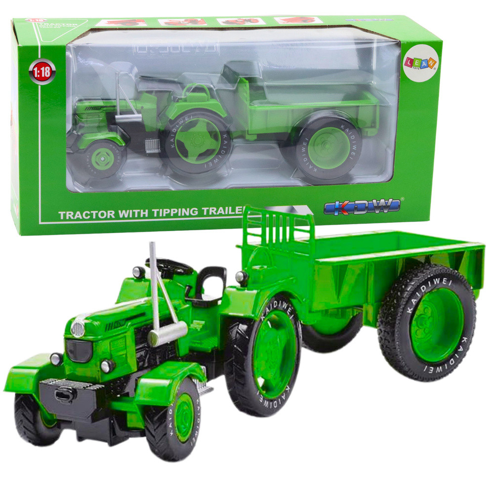 Zöld fém játék traktor pótkocsival, 1:18