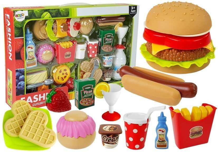 Játék ételkészlet hamburgerrel, pizzával és édességekkel