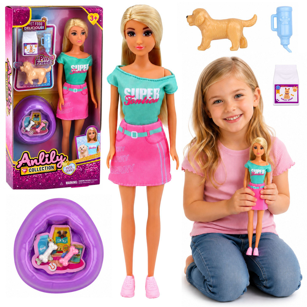 Anlily baba kölyökkutyával és etetőszettel – 30 cm