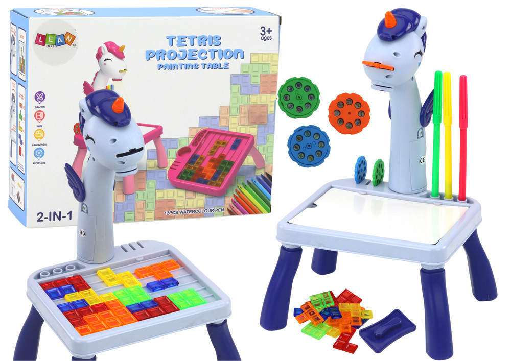 Unikornisos rajzprojektor és Tetris kirakó, 2 az 1-ben, kék