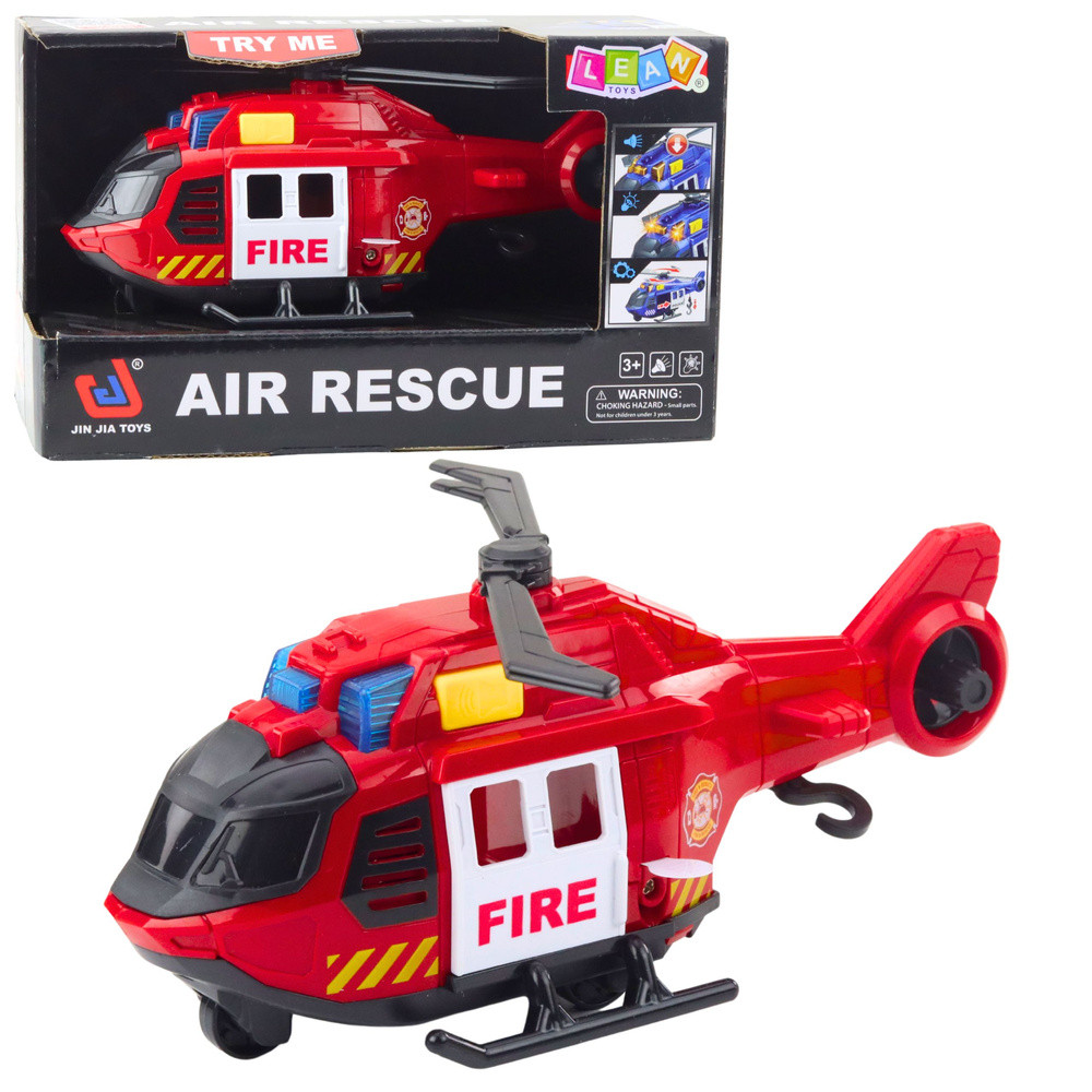 Piros tűzoltóhelikopter daruval, fénnyel és hanggal