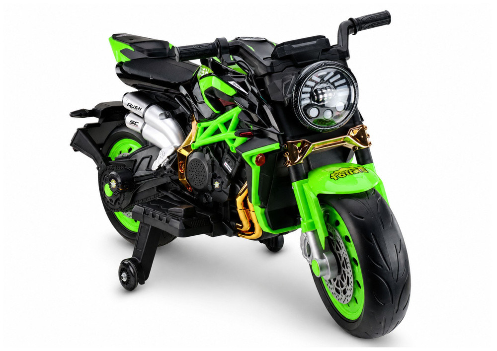 Zöld XW-07 akkumulátoros gyerekmotor LED-es kerekekkel