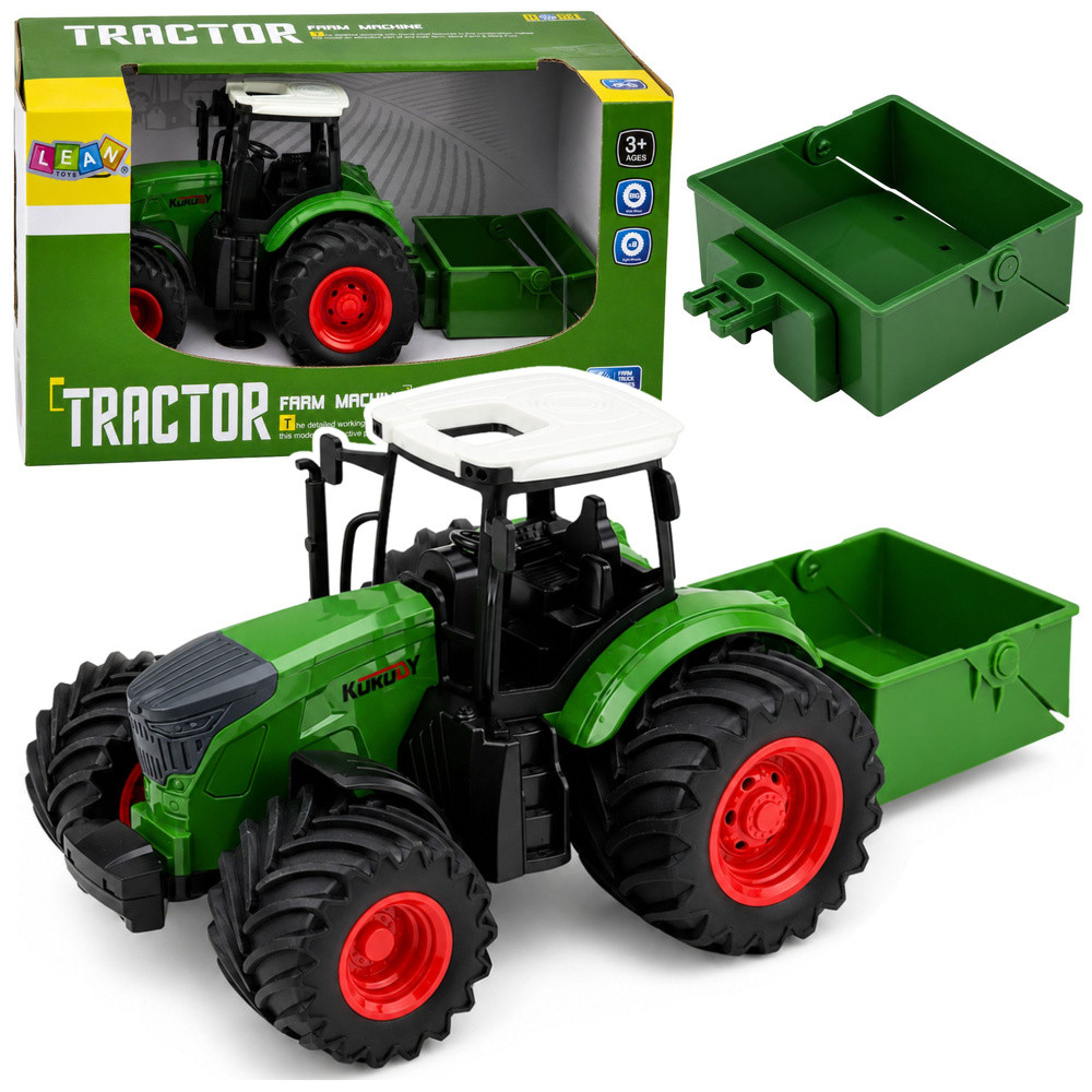 Zöld traktor műtrágyaszóróval és gumikerékkel, 1:24