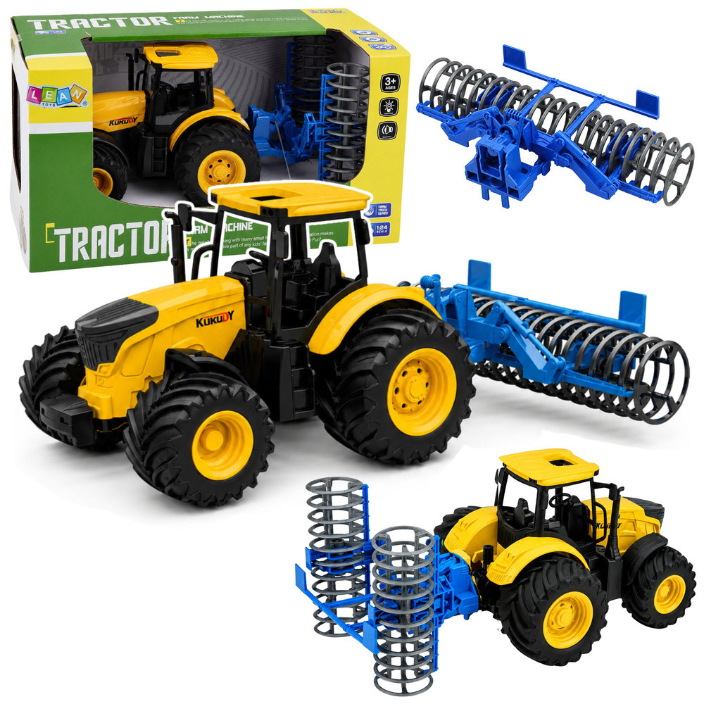 Sárga traktor talajhengerrel, fénnyel és hanggal, 1:24