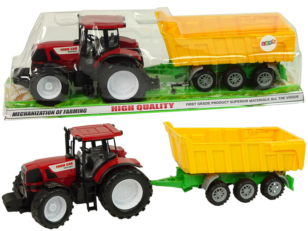 Piros játék traktor sárga billenős utánfutóval, 50 cm