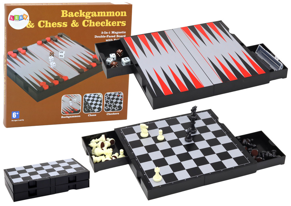 3 az 1-ben mágneses sakk, dáma és backgammon játékkészlet