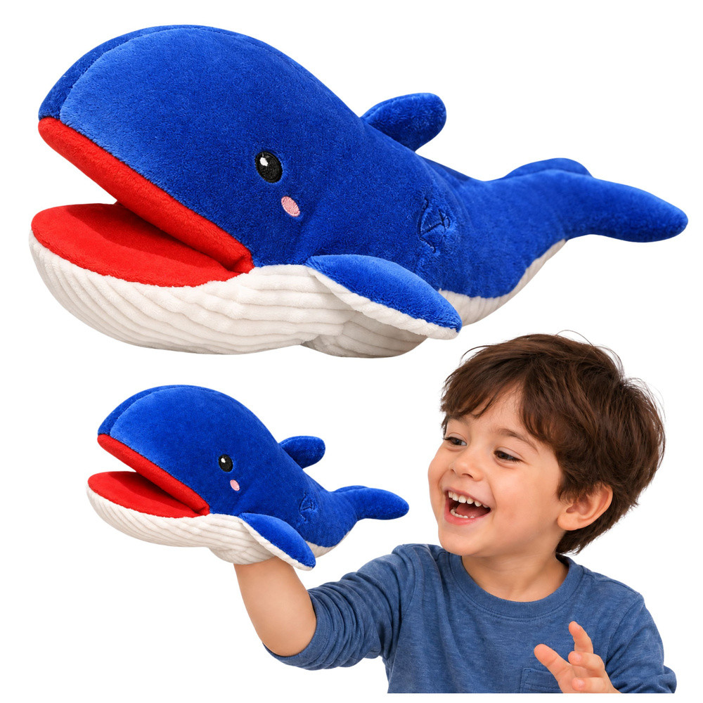 Kék bálna plüss kézbáb, 30 cm