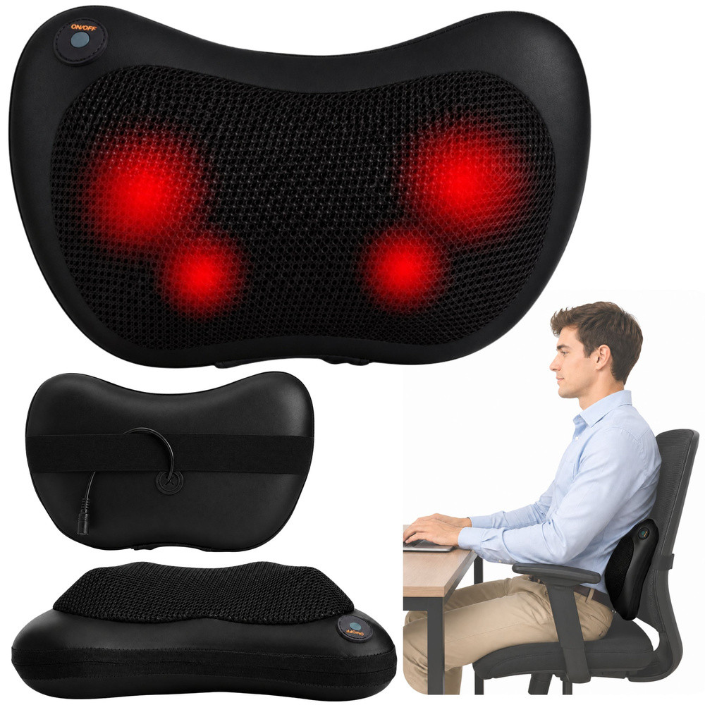 Shiatsu masszázspárna nyakra és hátra, fűtéssel, fekete