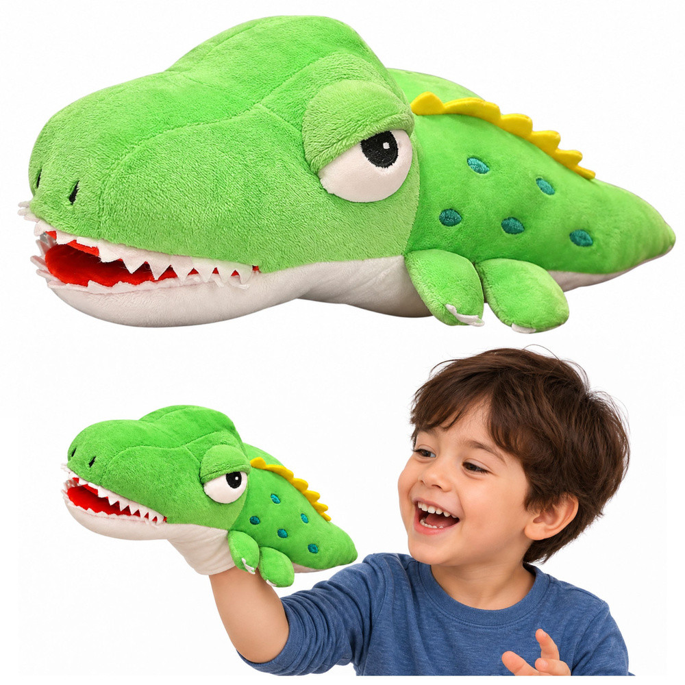 Zöld plüss krokodil kézbáb, 30 cm
