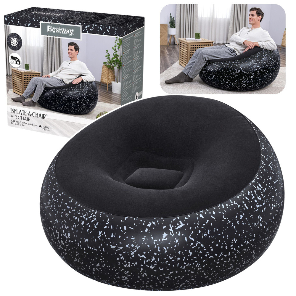 Bestway 75153 fekete felfújható fotel, 112 × 112 × 66 cm