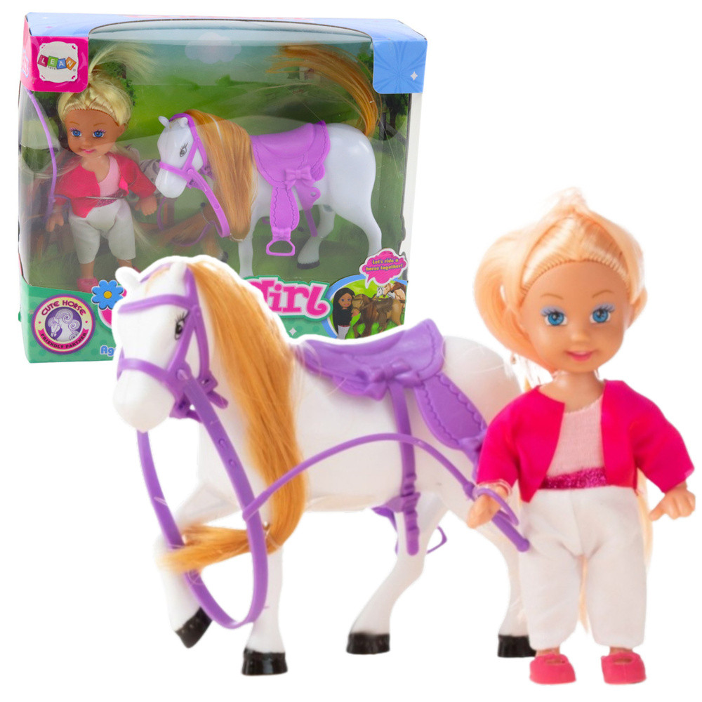 Mini lovas baba fehér lóval, nyereggel és kantárral