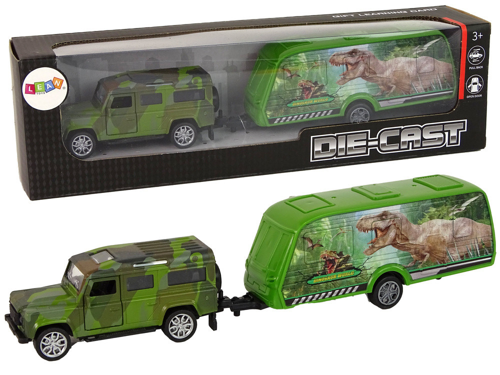 Dinoszauruszmintás játék terepjáró pótkocsival