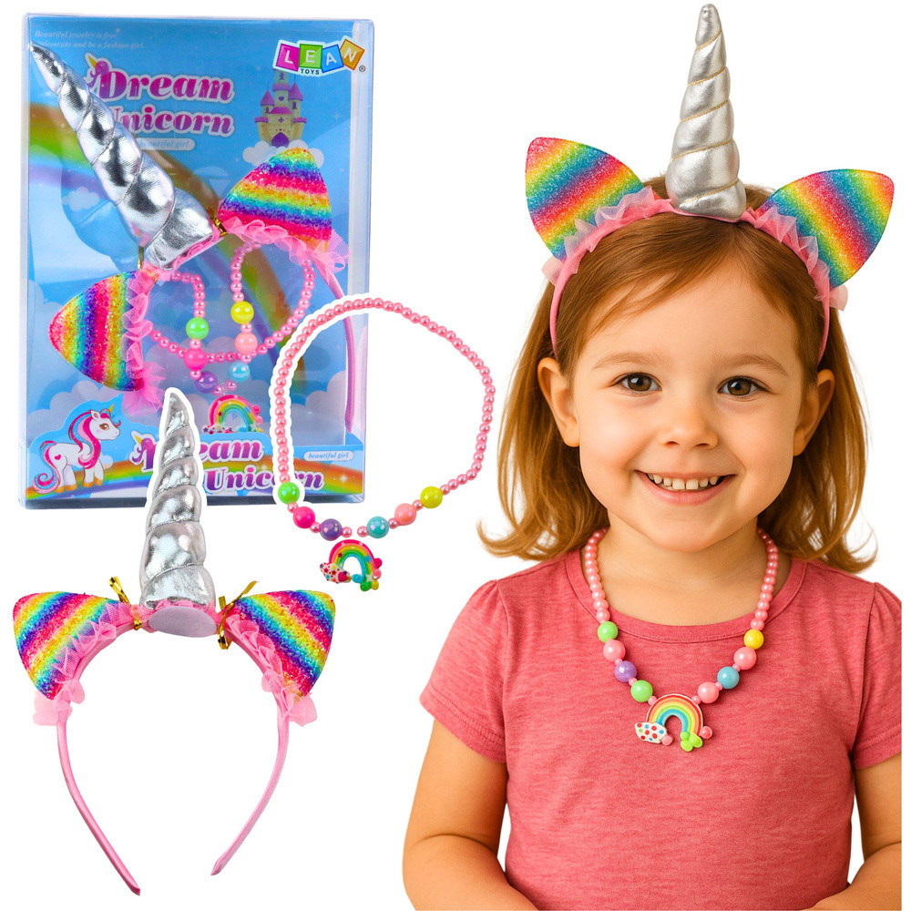 Set of Unicorn Headband, Ears, Horn, Necklace, Colorful