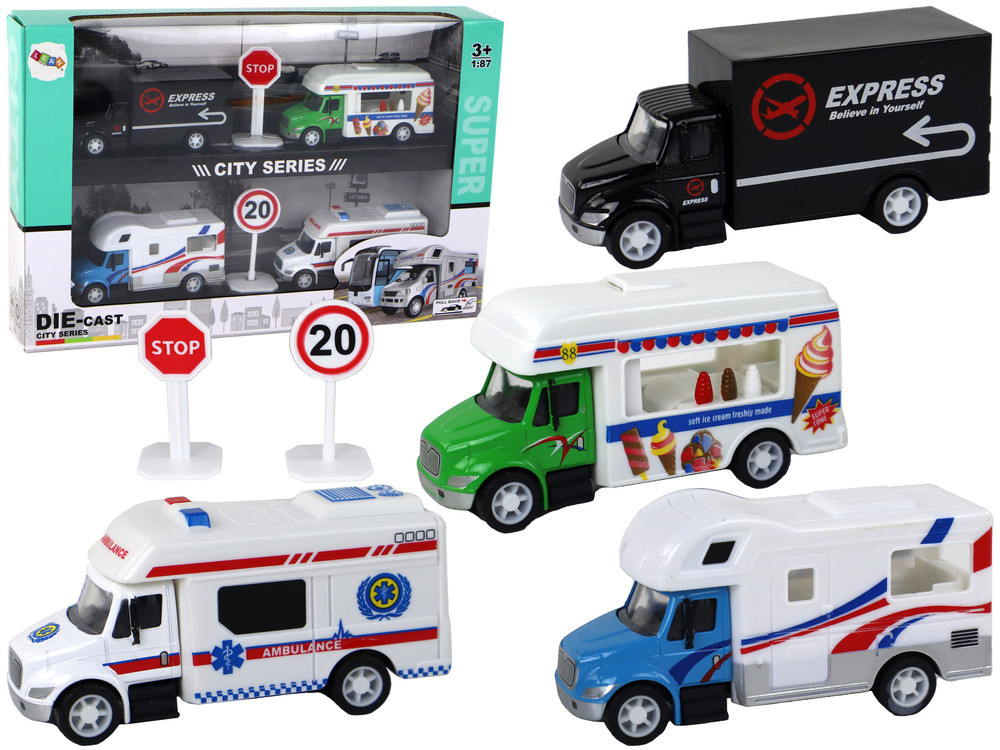 Mini lendkerekes járműszett közlekedési táblákkal, 1:87, 4 db