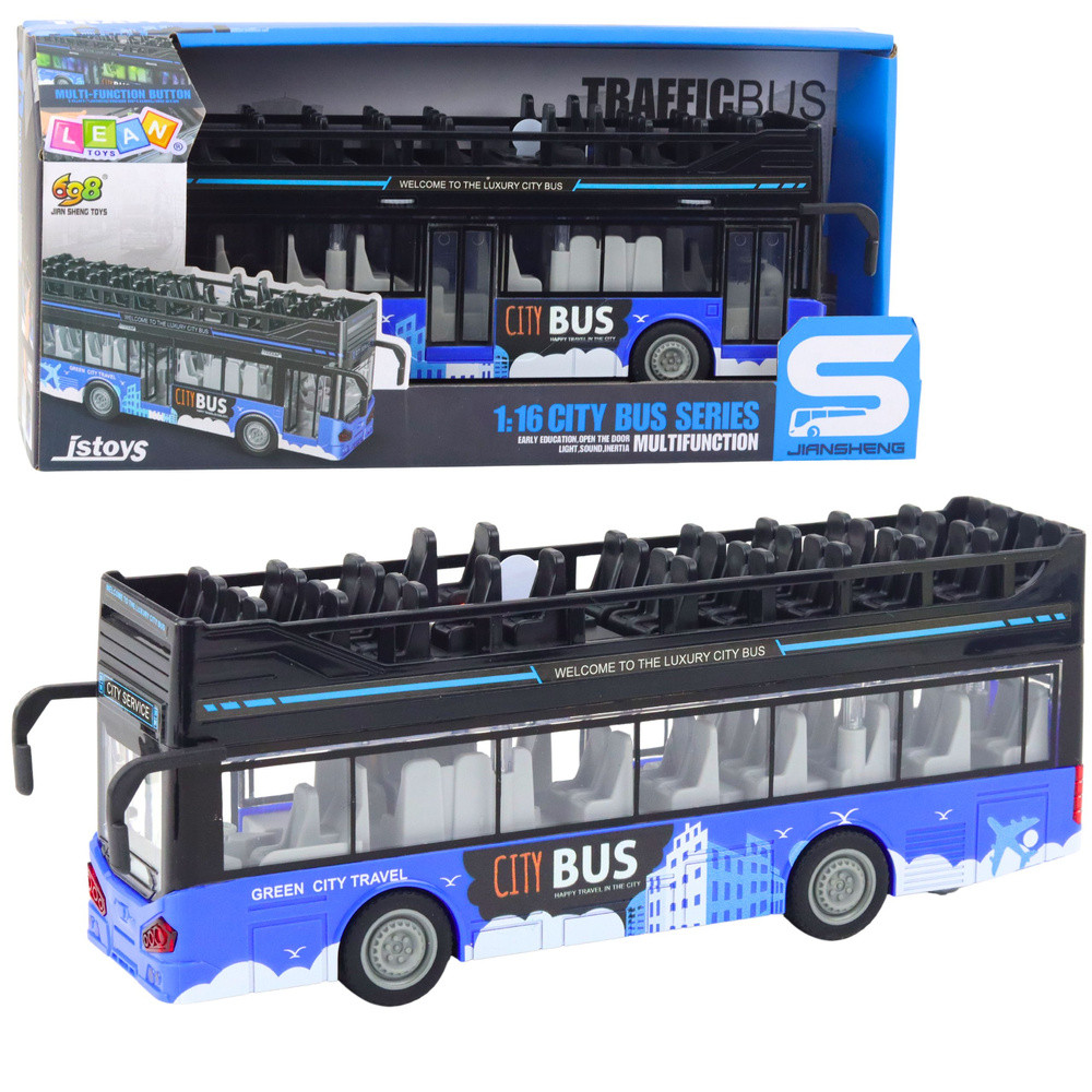 Kék emeletes városi játékbusz fénnyel és hanggal, 1:16