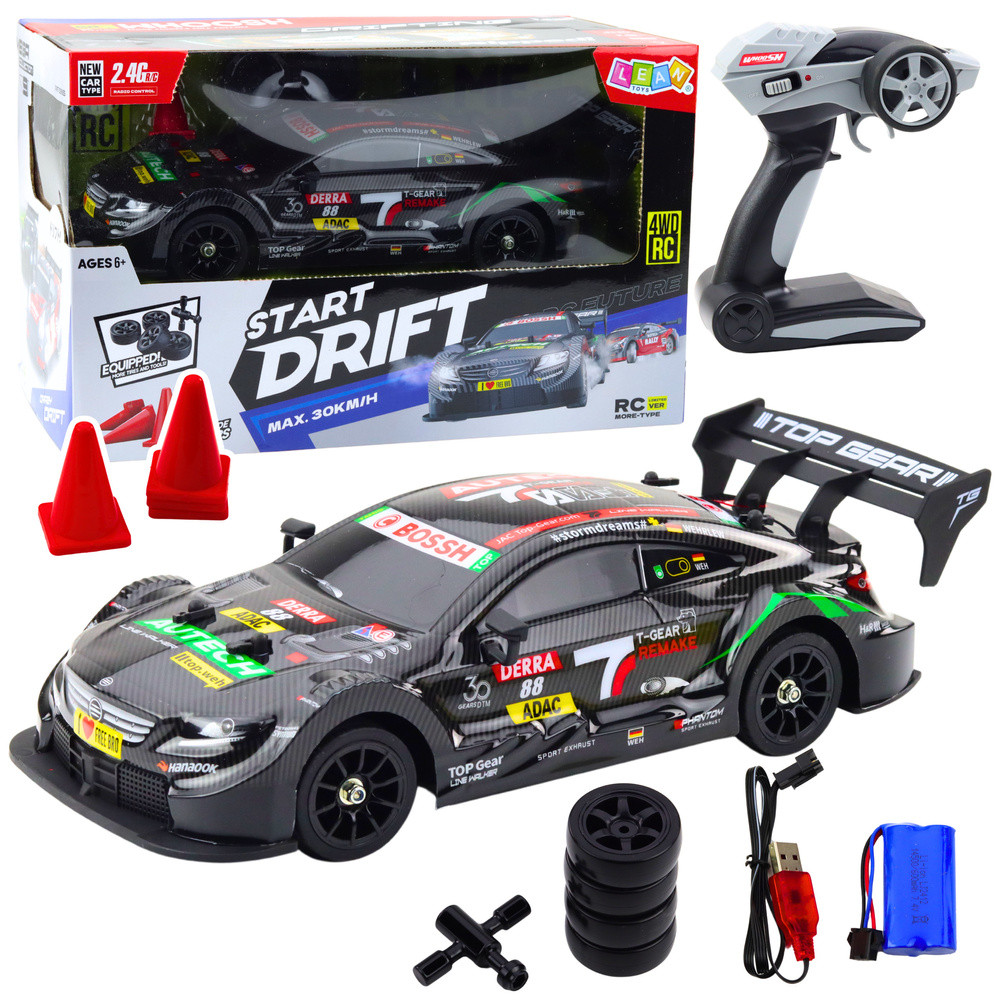 Fekete karbonmintás RC driftautó LED-fénnyel, 1:16, 30 km/h