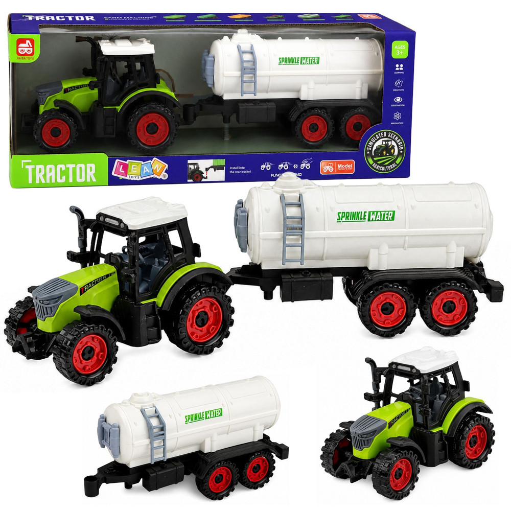 Lendkerekes zöld traktor fehér tartálykocsival, 34 cm