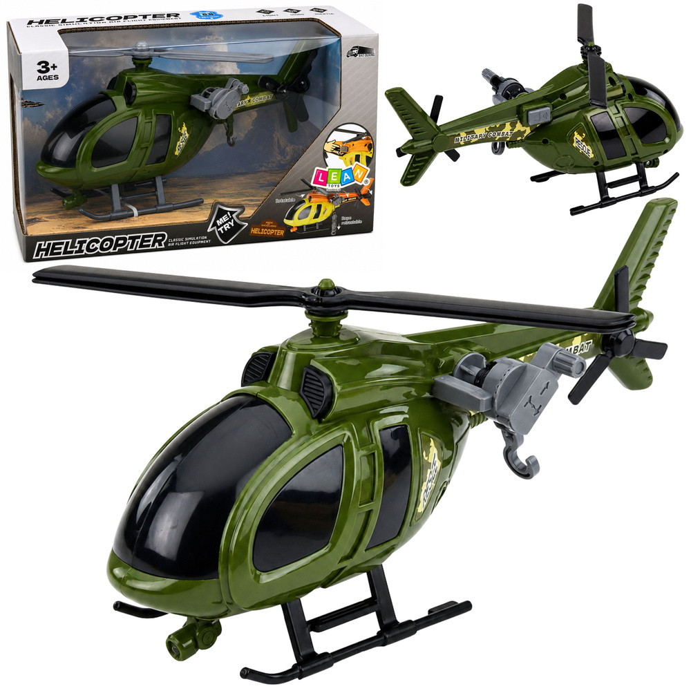 Zöld játék katonai helikopter horoggal, fénnyel és hanggal