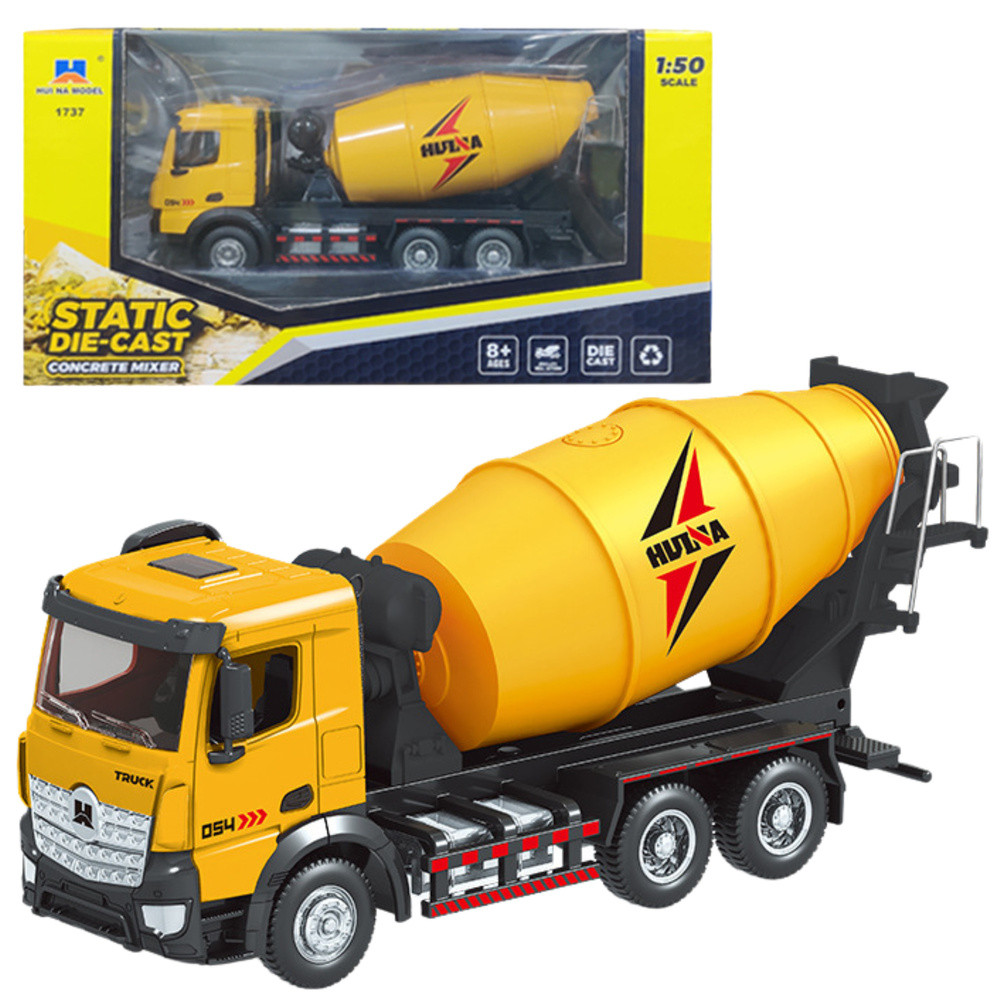 Huina fém betonkeverő modell forgó dobbal, 1:50, sárga