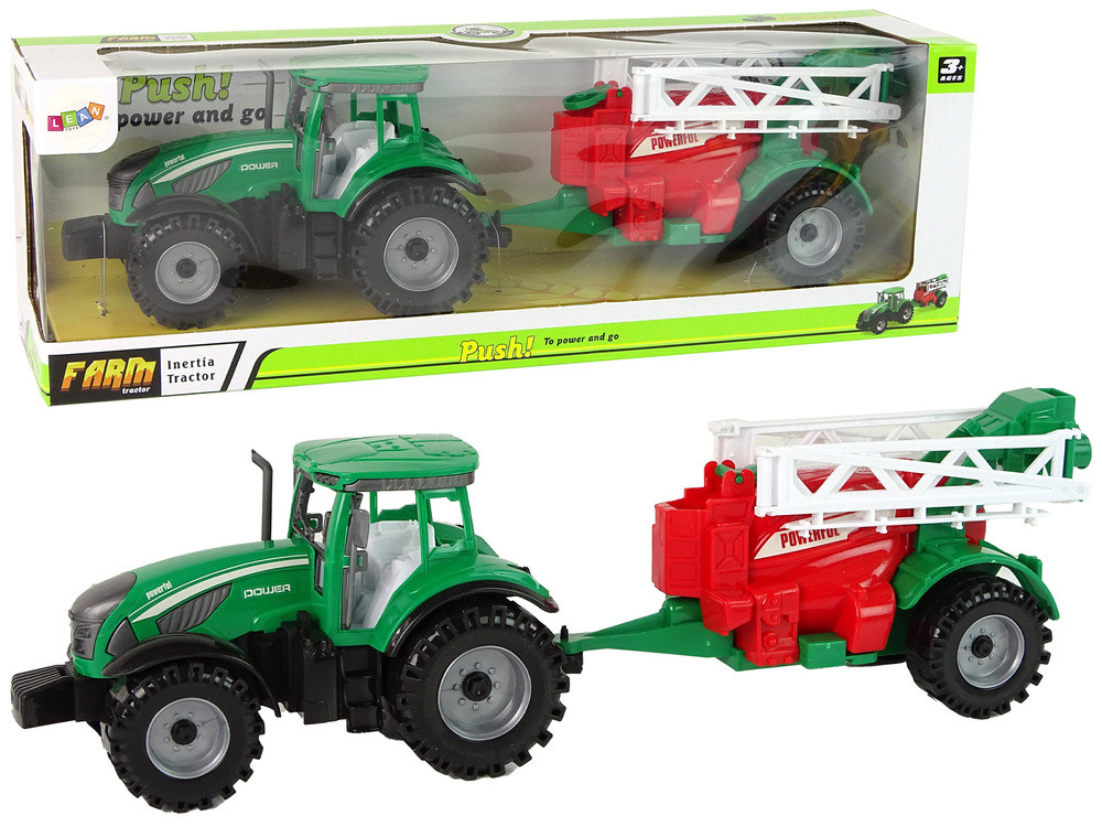 Zöld lendkerekes traktor piros-zöld permetezővel