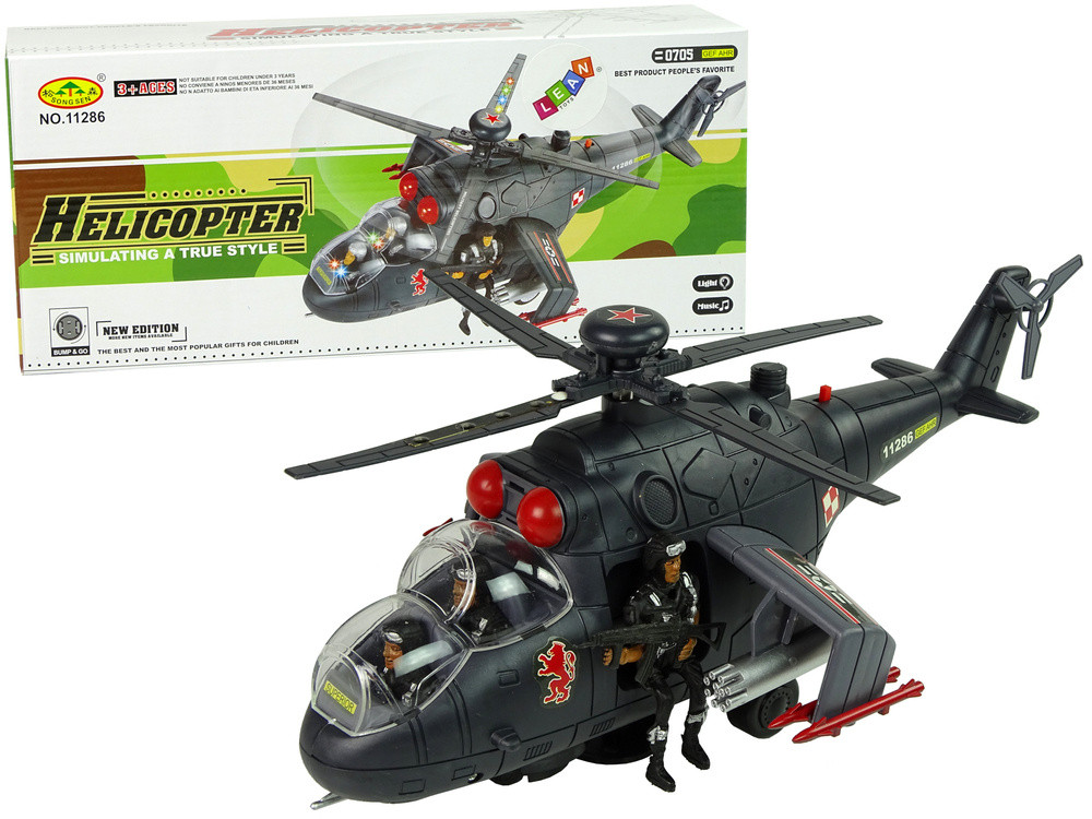 Katonai helikopter forgó rotorral, fénnyel és hanggal