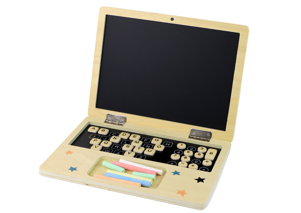 Fa játék laptop krétatáblával és betűkockákkal